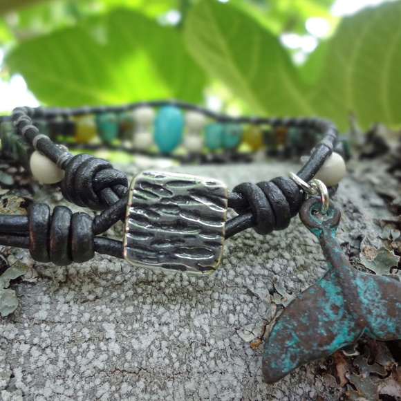 Gray Leather Wrap Bracelet w/Turquoise, Olive Jade & Sterling Silver -UNISEX - Picture 2 of 10
